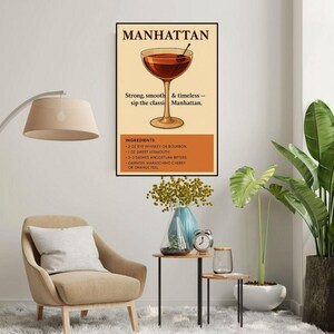 Manhattan Cocktail Poster – Classic Whiskey Drink Wall Art – Vintage Bar Decor Print for Home Pub, Lounge, or Kitchen | Cocktail recipe
