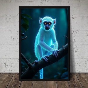 May include: A framed art print featuring a glowing blue monkey perched on a tree branch. The monkey has orange eyes and is set against a dark, blurred background. The artwork is framed in a black border and is displayed on a wooden surface.