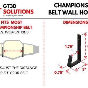 May include: Black metal wall mount for displaying a championship belt. The mount is 15.2 cm tall, 7.6 cm wide, and 4.4 cm deep. The mount has adjustable arms to fit different belt sizes.