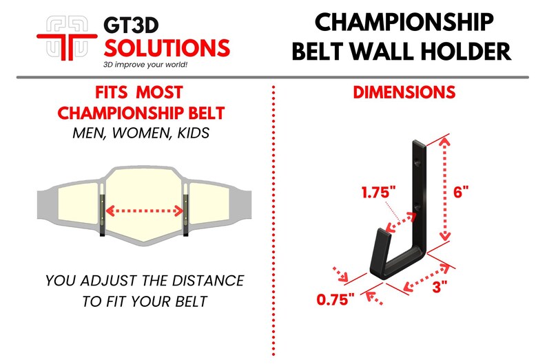 May include: Black metal wall mount for displaying a championship belt. The mount is 15.2 cm tall, 7.6 cm wide, and 4.4 cm deep. The mount has adjustable arms to fit different belt sizes.