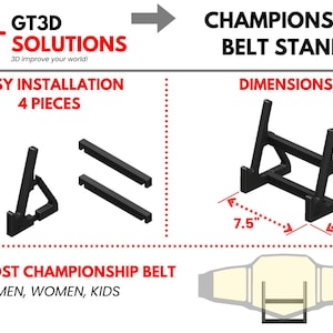 May include: Black plastic championship belt stand with dimensions of 19 cm by 13 cm by 18 cm. The stand is made of four pieces and is easy to assemble. It fits most championship belts.