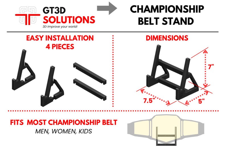 May include: Black plastic championship belt stand with dimensions of 19 cm by 13 cm by 18 cm. The stand is made of four pieces and is easy to assemble. It fits most championship belts.