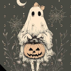 May include: A white ghost wearing a white dress with lace trim and a pink bow holds a carved orange pumpkin. The ghost is standing in a field of green grass and flowers against a dark green background with a crescent moon and stars.