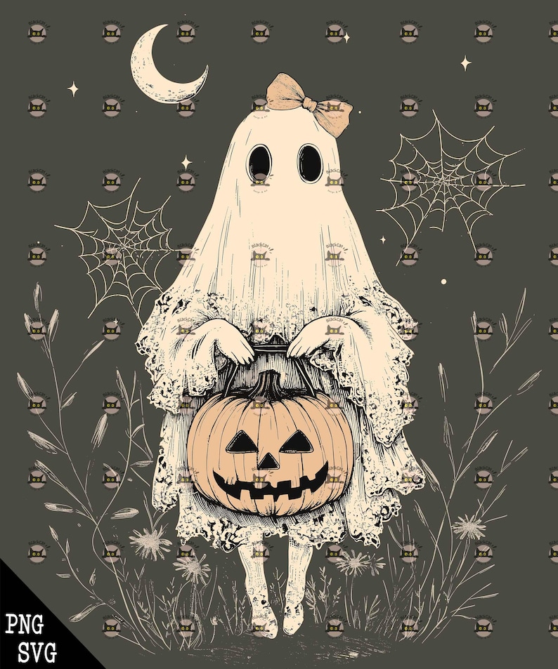 May include: A white ghost wearing a white dress with lace trim and a pink bow holds a carved orange pumpkin. The ghost is standing in a field of green grass and flowers against a dark green background with a crescent moon and stars.