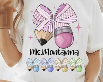 Preppy Teacher Pencil Coquette Png, Custom Teacher Name Png, Teach Love Inspire Png, Teacher Gift Png, Grandmillennial, Teacher Shirt Png