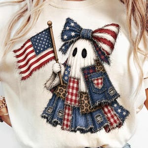 Patriotic Ghost Bow Patchwork Png, Coquette 4th of July PNG, Girly Independence Day Shirt Design, USA 250th Anniversary, Funny Americana Png