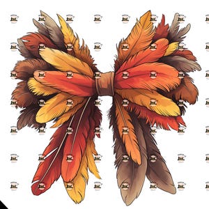 May include: A large bow made of brown, orange, yellow, and red feathers. The feathers are arranged in a symmetrical pattern, with the tips of the feathers pointing outwards.