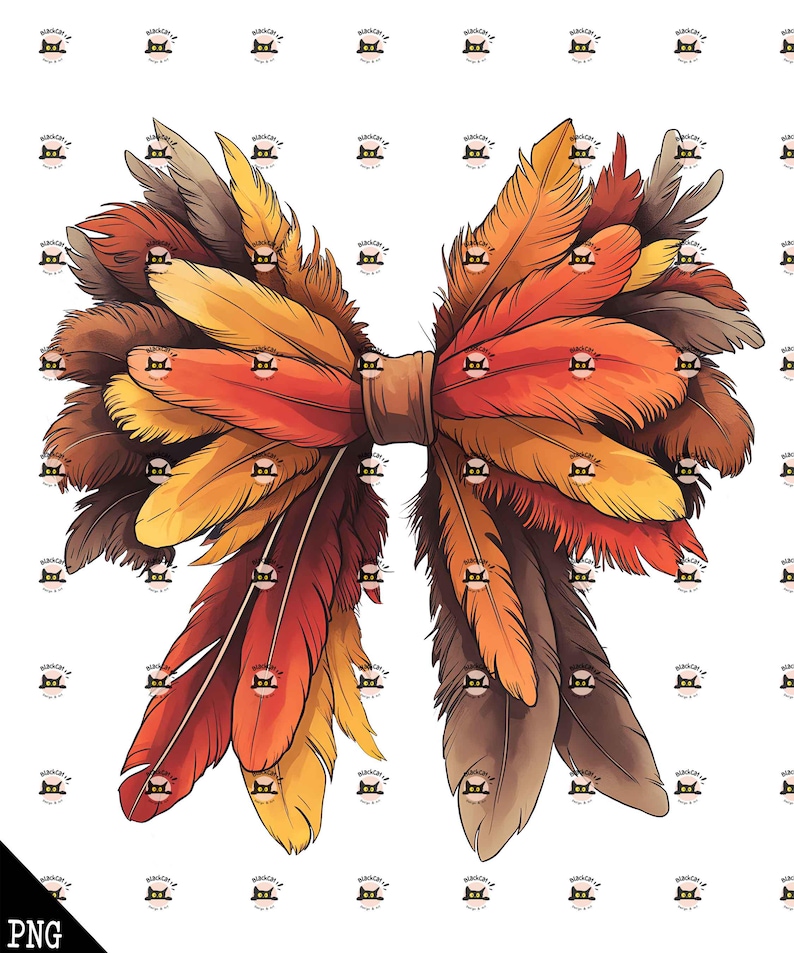 May include: A large bow made of brown, orange, yellow, and red feathers. The feathers are arranged in a symmetrical pattern, with the tips of the feathers pointing outwards.