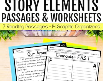 May include: Educational worksheets for 4th grade story elements. Includes reading passages and graphic organizers. The worksheets feature the text "Story Elements Passages & Worksheets" and "Character F.A.S.T."