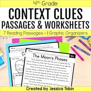 Puede incluir: Conjunto de hojas de trabajo educativas para el 4º grado, con pasajes de pistas contextuales y organizadores gráficos. El título "Context Clues Passages & Worksheets" se muestra en letras negras en negrita. Incluye pasajes de lectura y organizadores gráficos.