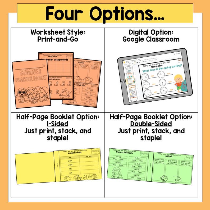 May include: Four different options for a summer practice packet: worksheet style, digital option, half-page booklet option (one-sided), and half-page booklet option (double-sided). The packet includes a summer theme with images of crabs, fish, and a surfer.