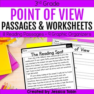 Könnte beinhalten: Lehrmittel für die 3. Klasse mit "Point of View"-Passagen und Arbeitsblättern. Das Bild zeigt Lesepassagen, grafische Organizer und den Text "The Reading Spot". Enthält den Text "Created by Jessica Tobin".