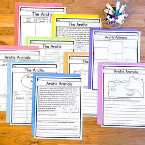 May include: A set of printable worksheets for kids about the Arctic. The worksheets feature colorful backgrounds and black and white illustrations of animals and maps. The worksheets include the text "The Arctic" and "Arctic Animals".