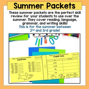 May include: A yellow and black printable summer packet for 2nd and 3rd grade students. The packet includes activities for mental math and irregular verbs. The packet is decorated with a shark and fish illustrations.