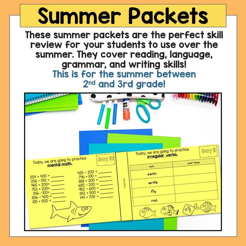 May include: A yellow and black printable summer packet for 2nd and 3rd grade students. The packet includes activities for mental math and irregular verbs. The packet is decorated with a shark and fish illustrations.