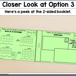 May include: A two-sided booklet with green pages, featuring math exercises. The left page has an ice cream cone graphic and prompts for calculating the area of a rectangle. The right page has prompts for creating return addresses. The text "Closer Look at Option 3" is at the top.