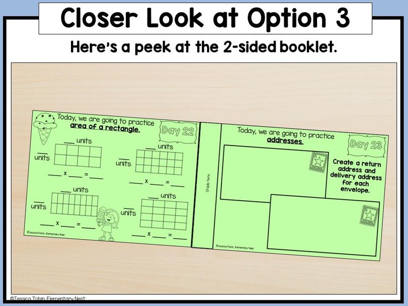 May include: A two-sided booklet with green pages, featuring math exercises. The left page has an ice cream cone graphic and prompts for calculating the area of a rectangle. The right page has prompts for creating return addresses. The text "Closer Look at Option 3" is at the top.