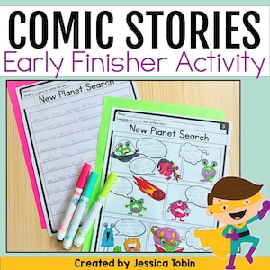 May include: A green and pink comic book style worksheet with the title "New Planet Search" and a cartoon alien character. The worksheet is designed for children to complete a comic strip by drawing and writing in the blank speech bubbles.