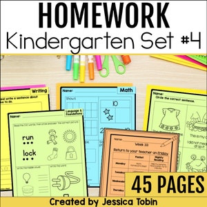 May include: A set of 45 printable worksheets for kindergarten homework. The worksheets include activities for writing, math, and language arts. The worksheets are colorful and feature fun illustrations.