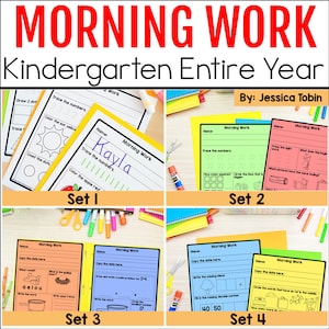 May include: Four colorful printable worksheets for kindergarten morning work. Each worksheet has a different theme and includes activities like tracing numbers, counting dots, coloring, and writing. The worksheets are labeled "Set 1", "Set 2", "Set 3", and "Set 4".