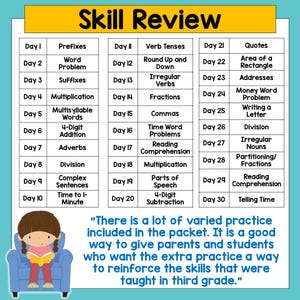 May include: A colorful educational chart titled "Skill Review" with a list of topics for each day of the month. Includes a cartoon illustration of a child reading a book. The chart covers topics like prefixes, verbs, and fractions.