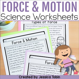 Puede incluir: Hojas de trabajo imprimibles en blanco y negro para que los niños aprendan sobre la fuerza y el movimiento en ciencias. Las hojas de trabajo presentan a una niña de dibujos animados empujando una caja y texto que dice "Fuerza y movimiento" y "Tipos de fuerza".