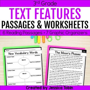 May include: Educational worksheets for 3rd grade, covering text features, passages, and graphic organisers. The purple header reads "TEXT FEATURES PASSAGES & WORKSHEETS". Includes vocabulary and moon phases worksheets. Created by Jessica Tobin.