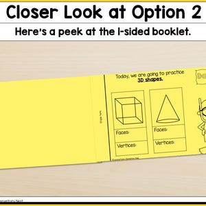 May include: A yellow booklet with a black and white illustration of a cube and a cone. The booklet has the text "Today, we are going to practice 3D shapes." and "Day 27" on the cover.