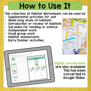 May include: A digital resource for teaching about habitats. The image shows a Google Slides presentation with a worksheet about ponds. The text "Digital conversions are also available! This has been converted to Google Slides." is also included in the image.
