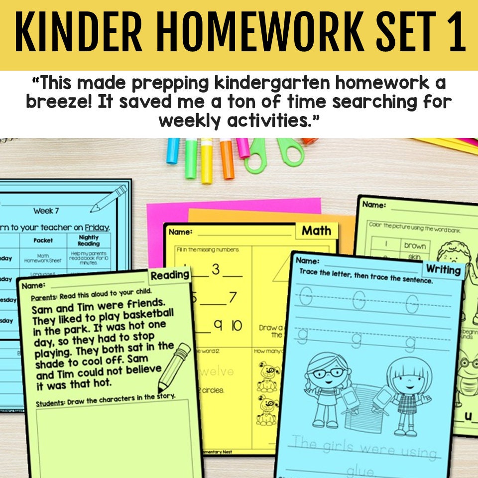 1st Quarter Kindergarten Weekly Homework Set 1 Phonics Math Reading W ...