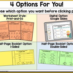 May include: Four options for a summer-themed educational activity: a printable worksheet, a Google Slides presentation, a one-sided booklet, and a double-sided booklet. The worksheet features a summer practice packet with math problems and a crab illustration. The Google Slides presentation shows a clock with the question "What time is Ben going surfing?" The one-sided booklet has a page for practicing irregular verbs. The double-sided booklet has pages for practicing true and false facts and suffixes.