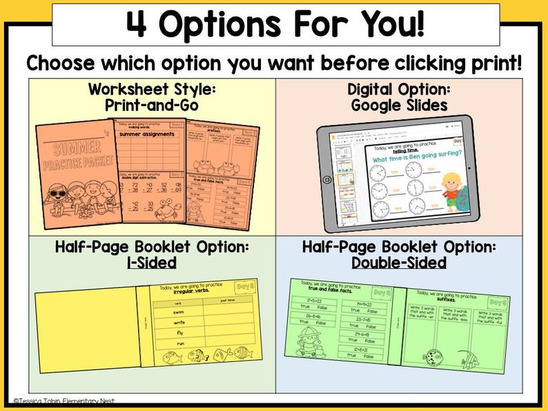 May include: Four options for a summer-themed educational activity: a printable worksheet, a Google Slides presentation, a one-sided booklet, and a double-sided booklet. The worksheet features a summer practice packet with math problems and a crab illustration. The Google Slides presentation shows a clock with the question "What time is Ben going surfing?" The one-sided booklet has a page for practicing irregular verbs. The double-sided booklet has pages for practicing true and false facts and suffixes.