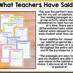 May include: A collection of printable worksheets for teaching about the Arctic. The worksheets feature colorful borders and include text about the Arctic and its animals. The image also includes quotes from teachers who have used the worksheets in their classrooms.