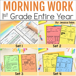 Könnte beinhalten: Ein Satz von vier bunten, druckbaren Arbeitsblättern für die Morgenarbeit in der ersten Klasse. Jedes Arbeitsblatt hat ein anderes Thema und beinhaltet Aktivitäten wie Matheaufgaben, Schreibaufforderungen und Wortschatzübungen. Die Arbeitsblätter sind mit "Set 1", "Set 2", "Set 3" und "Set 4" beschriftet.