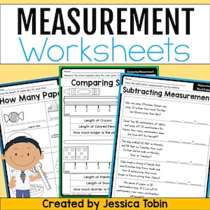 May include: Black and white worksheet with the title "Measurement Worksheets". The worksheet includes activities for comparing and subtracting measurements using inches and centimeters. The worksheet includes images of crayons, pencils, dominoes, paperclips, candy, and a pie.