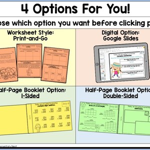 May include: Educational resource with four options: Worksheet Style, Digital Option on a tablet, and two Half-Page Booklet options. The image includes text: "4 Options For You! Choose which option you want before clicking print!"
