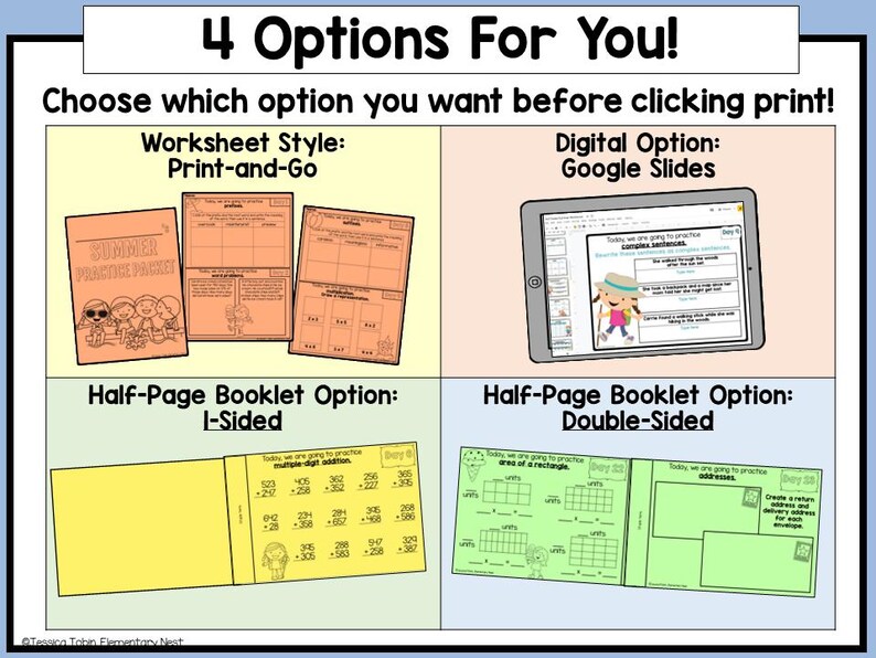 May include: Educational resource with four options: Worksheet Style, Digital Option on a tablet, and two Half-Page Booklet options. The image includes text: "4 Options For You! Choose which option you want before clicking print!"