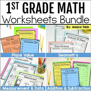 May include: A set of printable 1st grade math worksheets for kids. The worksheets cover place value, counting back, comparing numbers, geometry, shape attributes, measurement, addition, subtraction, true or false, and missing addends. The worksheets are organized into four categories: Place Value, Geometry, Measurement & Data, and Addition & Subtraction.