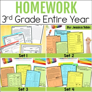 May include: A set of four colorful worksheets for 3rd grade homework. Each worksheet is labeled with a subject: Reading, Math, Language & Foundations, and Writing. The worksheets are organized into four sets, labeled Set 1, Set 2, Set 3, and Set 4. The worksheets are designed to be returned to the teacher on Friday.