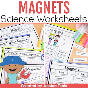 May include: A set of printable worksheets for teaching about magnets. The worksheets feature colourful illustrations and text, including "Magnets", "Let's Explain Magnets", "Magnetic or Nonmagnetic?", "Are Magnets?", "Force & Motion with Magnets", "True", and "False".