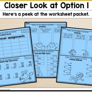 May include: A set of four printable worksheets for kids featuring a summer theme. The worksheets include activities for making words, double-digit subtraction, true and false facts, and missing addends. Each worksheet has a different color and features a cartoon crab or fish.