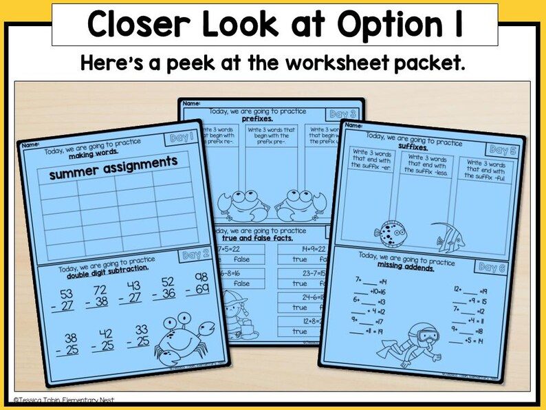 May include: A set of four printable worksheets for kids featuring a summer theme. The worksheets include activities for making words, double-digit subtraction, true and false facts, and missing addends. Each worksheet has a different color and features a cartoon crab or fish.