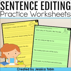 May include: Two printable worksheets for sentence editing practice. The first worksheet features a yellow background with a cartoon bird and the text "A penguin is a black and white bird." The second worksheet features a green background with a cartoon playground and the text "When I play at the park, I like the slide."