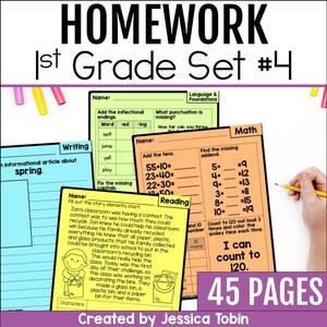 May include: A colorful worksheet set for first grade students. The worksheets include activities for writing, math, reading, and language arts. The set includes 45 pages and is titled "Homework 1st Grade Set #4".