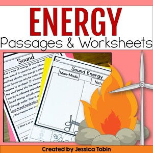 May include: A black and white worksheet with the title "Sound Energy" and two columns labeled "Man-Made" and "Nature". The worksheet is accompanied by a drawing of a campfire and a windmill.