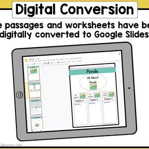 May include: A screenshot of a Google Slides presentation about ponds. The presentation has a title slide that says "Ponds" and a slide with a graphic organizer that says "All About Ponds".