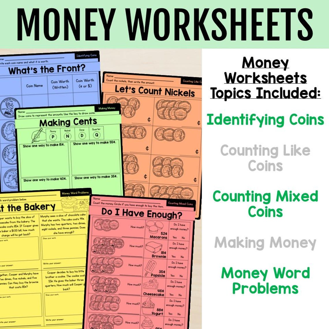 Counting Money Worksheets: Money Word Problems, Grades 1-3 (PDF) - Etsy