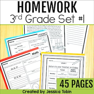 May include: A colorful set of printable homework worksheets for 3rd grade. The worksheets include a variety of subjects, such as language arts, math, and reading. The cover sheet features the text "Homework 3rd Grade Set #1" and "45 Pages".