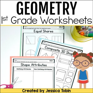May include: A set of three printable worksheets for first grade students to practice geometry skills. The worksheets include activities on equal shares, composite 3D shapes, and shape attributes. The worksheets are designed to be engaging and fun for young learners.