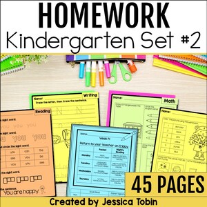 May include: A colorful set of 45 printable homework pages for kindergarten students. The pages feature activities for reading, writing, and math. The title of the set is "Homework Kindergarten Set #2".